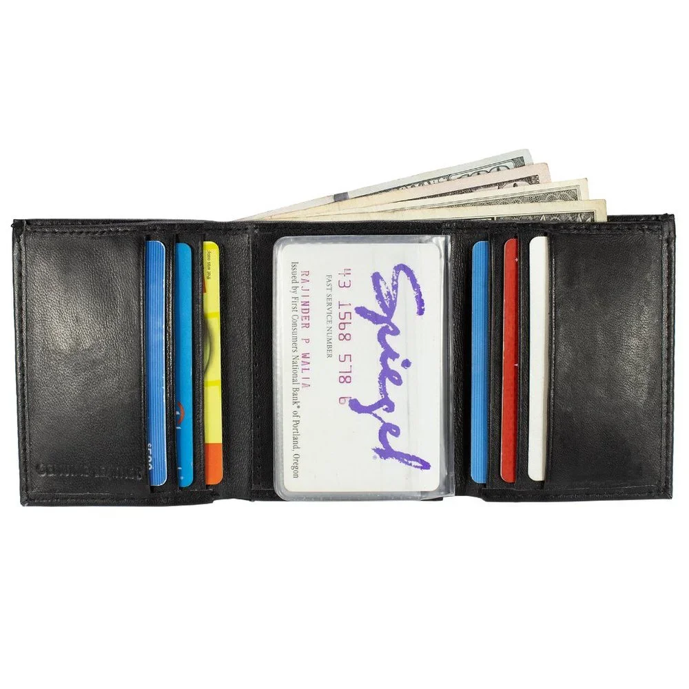 Men Trifold Wallet, Lambskin Leather Wallet Black